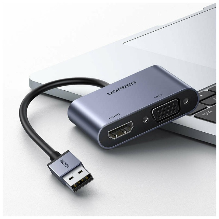 Produktbild Ugreen adapter converter USB - HDMI 1.3 (1920 x 1080@60Hz) + VGA 1.2 (1920 x 1080@60Hz) gray (CM449) (USB 3.0, 1.70 cm)