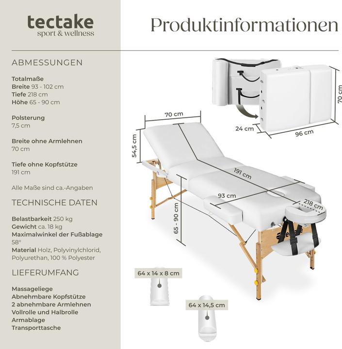 Produktbild tectake 3 Zonen Massageliege-Set Somwang mit 7,5cm Polsterung, Rollen und Holzgestell