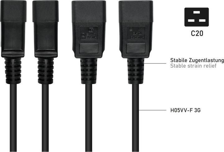 Produktbild Kabelmeister Kaltgeräteverlängerung Kaltgeräte-Stecker C20 an Kaltgeräte-Buchse C13, schwarz, 1,00m (1 m, C20, C13)