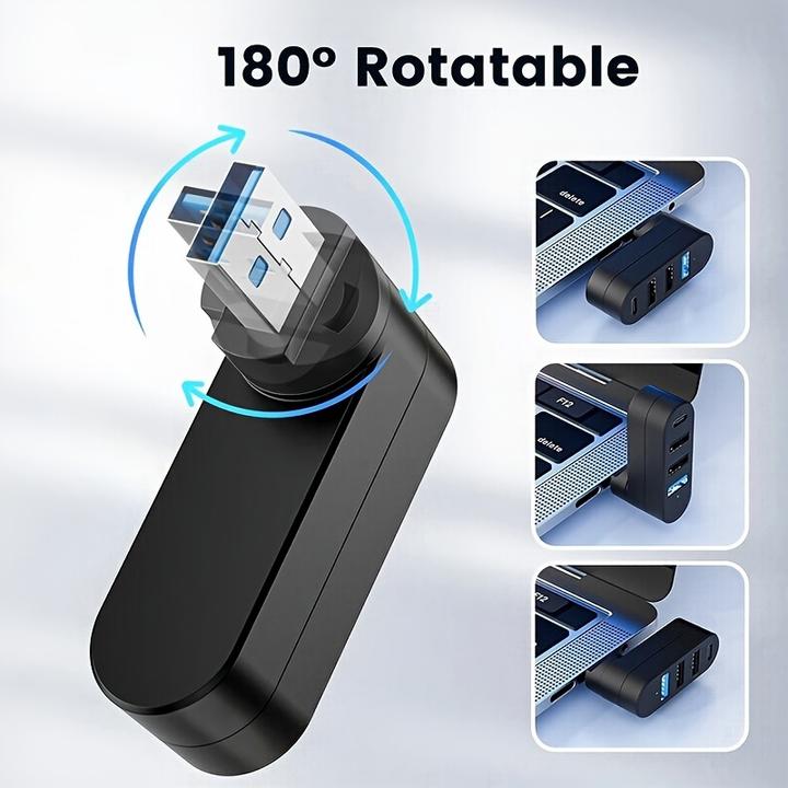 Image du produit PhoneLook Adaptateur multiport USB 3.0 rotatif 180° 4 en 1 (3x USB-A / 1x USB-C) compact pour accessoires PC (USB-C, 4 ports)