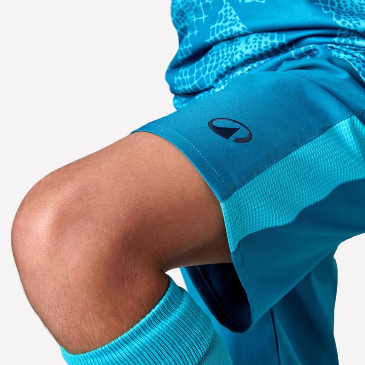 Produktbild Kipsta Kinder Fussball Shorts - VIRALTO Kids türkis mit grünem Streifen