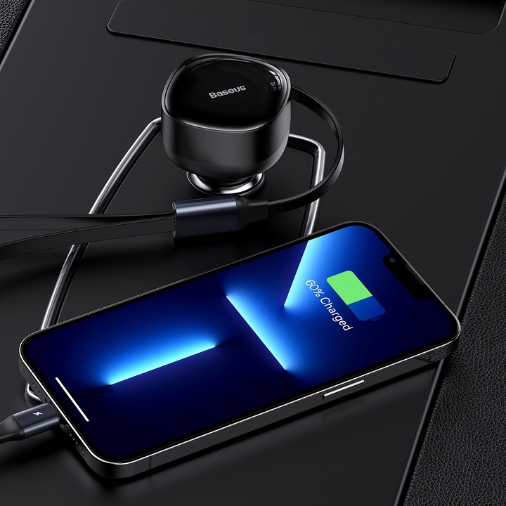 Actual product image Baseus Enjoyment Car Charger with cable USB-C + Lightning 3A, 30W (Black)