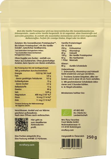Nutritional values and ingredients Mrs Flury Bio Vanille Proteinpulver (1 x, 250 g)