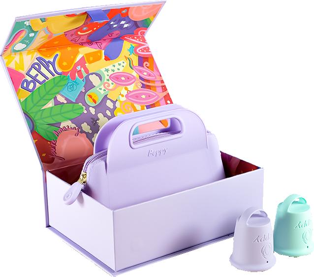 Beppy Cups "WONDER" Purple/Turquoise, Box with two menstrual cups and storage bag