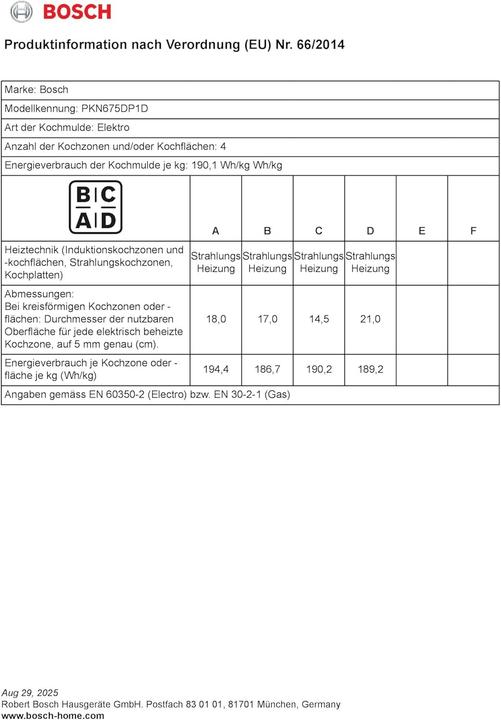 Valori nutrizionali e ingredienti Bosch Hausgeräte PKN675DP1D