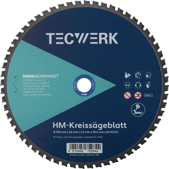 Tecwerk Handkreissägeblatt Aussen-Ø 305 mm Zähnezahl 60 HLTCG Bohrung 25,4 mm Schnittbreite 2.6 mm