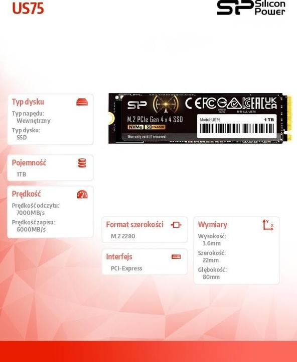 Immagine prodotto Silicon Power SSD US75 1TB M.2 PCIe NVMe (1000 GB, M.2 2280)