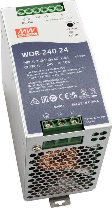 Productafbeelding MeanWell MEAN WELL WDR-240-24, 240 W, 180 - 550 V, 47 - 63 Hz, 18 ms, 91%, Überspannung