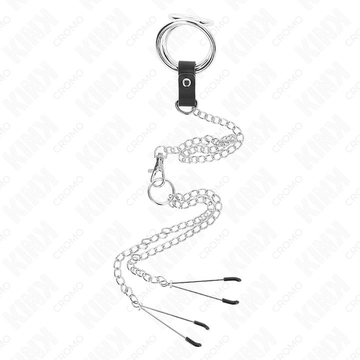 Kink Dreifach Chrom Metall Penisring 3 cm Bis 4,5 cm Mit 26 cm Metallkette  Und Brustklammern