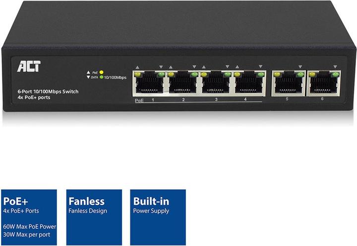 Productafbeelding ACT AC4430 Netwerkschakelaar Managed Fast Ethernet (10/100) Zwart Power over Ethernet (PoE) (6 ports)