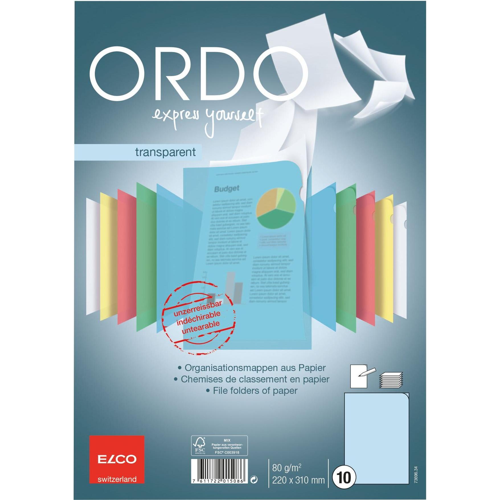 Elco, Mappe, 10 Sichthüllen Ordo transparent DIN A4 blau glatt 80 g/qm (A4, 10 x)