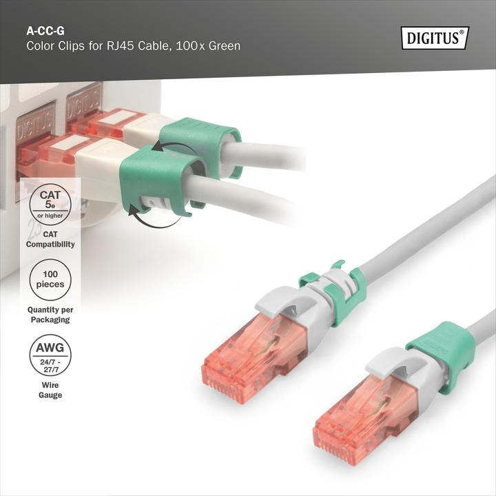Produktbild Digitus Farbclips für RJ45-Kabel Farbe Grün, 100 Stück Packung (CAT5e)