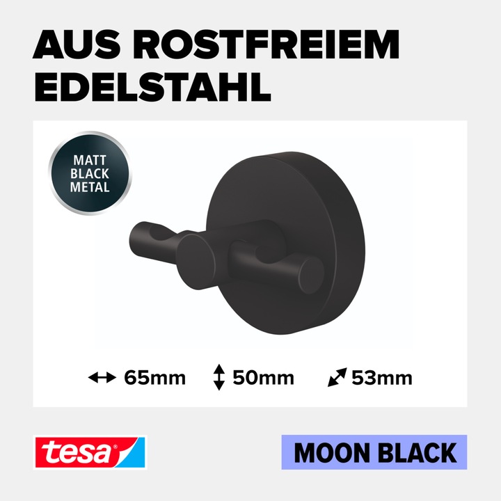 Image du produit tesa MOON BLACK Mantelhaken inkl. Klebelösung ohne Bohren