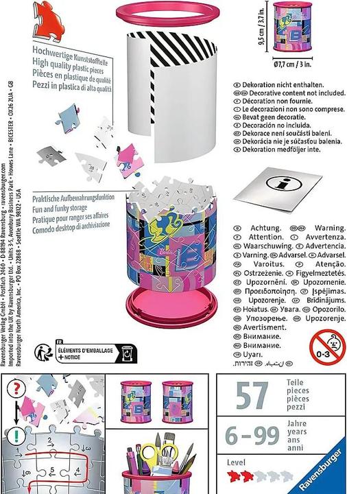 Produktbild Ravensburger 3D Puzzle 11585 - Utensilo Barbie - Stiftehalter für Barbie Fans ab 6 Jahren (54 Teile)