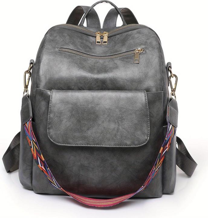 Actual product image Only-Bags.Store Retro Solid Colour Backpack Purse, Geometric Wide Strap Shoulder Bag, Fashion PU Leather
