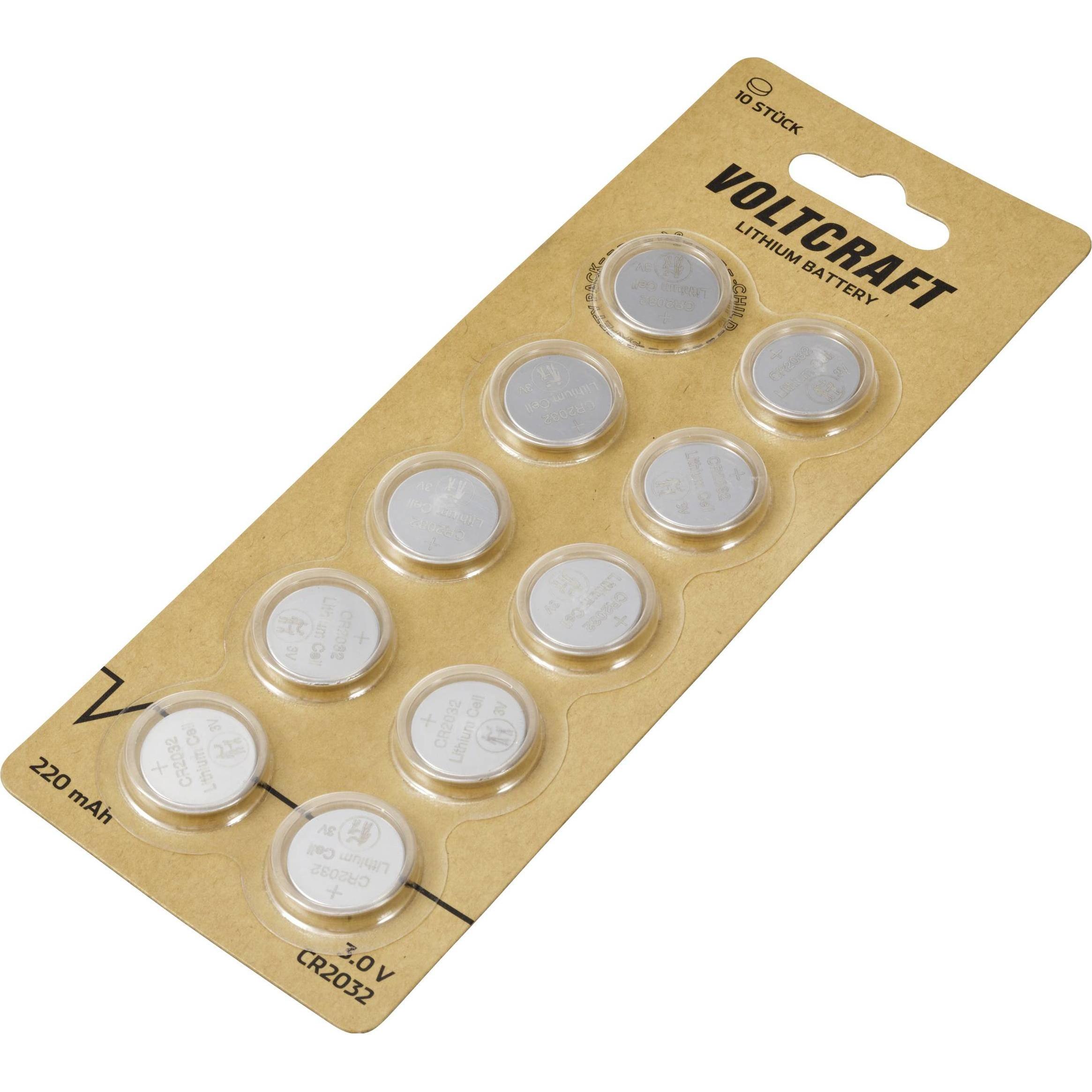Voltcraft Knopfzelle CR 2032 3 V 10 St. 220 mAh Lithium VC-16107995 (10 pz., Specifico del dispositivo, 220 mAh), Batterie + pile