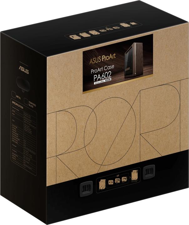 Actual product image ASUS case PROART PA602 WALNUT WOOD RETRO TG, Mid Tower, průhledná bočnice, hnědá (ATX, DTX, mATX, Mini-DTX, Mini-ITX)