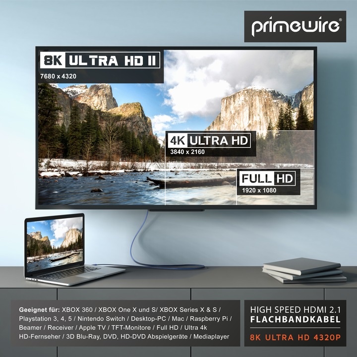 Produktbild Primewire HDMI Kabel 2.1, Typ A, Flachbandkabel 8K @ 120 Hz, 4K @ 240 Hz DSC, UDH, eARC, HDR10+, Flach (2 m, HDMI)