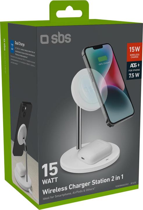 Produktbild SBS Vertikale kabellose 2-in-1-Ladestation für iPhone, Android-Handys, AirPods, TWS-Ohrhörer (15 W)