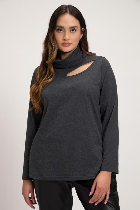 Actual product image Ulla Popken Asymmetric Cutout Stand-Up Collar Long Sleeve Tee (54)