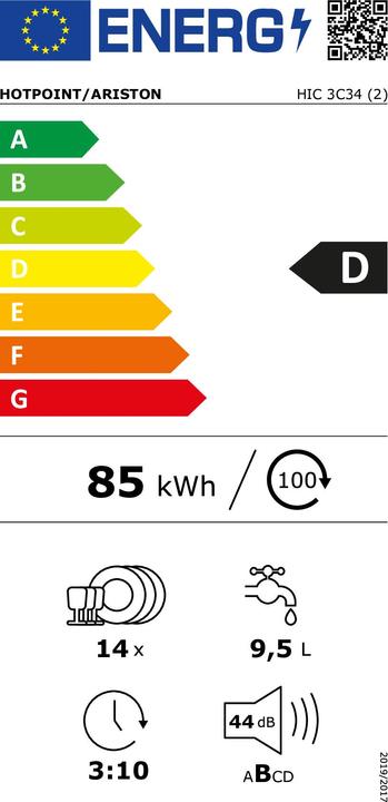 Energie-Label Hotpoint HIC 3C34 Geschirrspüler Total Concealed 14 Gedecke D