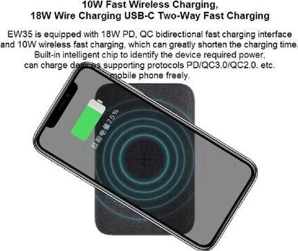 Actual product image Orsen EW35 Wireless Power Bank 10000mAh juodas (10000 mAh, 18 W, 37 Wh)