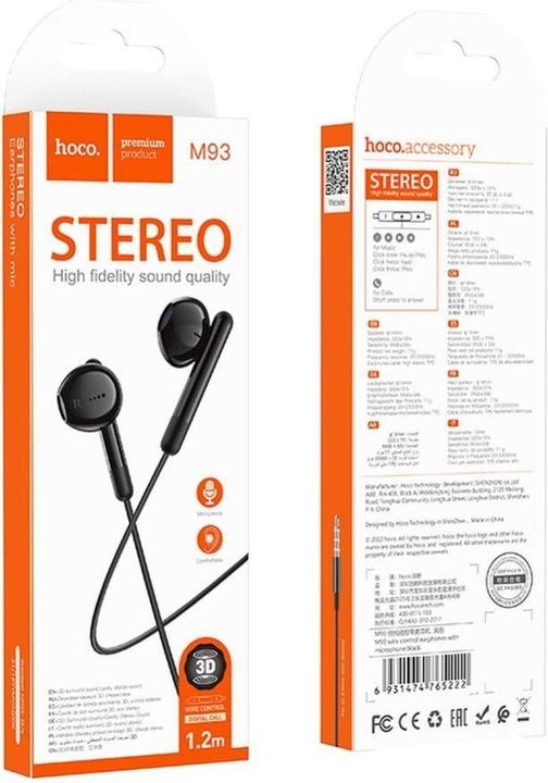 Actual product image Hoco - Stereo Earphones (M93) - Jack 3.5mm with Microphone, 1.2m - Black (Cable)