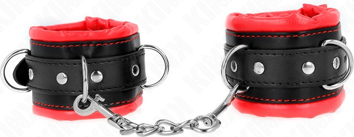 Actual product image Kink Heavy Wrist Cuffs With Red Fur Lining, Adjustable 20-30 cm X 6 cm