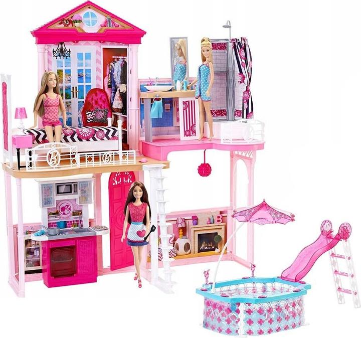 Image du produit Barbie Maison de complet 110x92x15 cm, 2 étages, avec meubles, piscine, 3 poupées