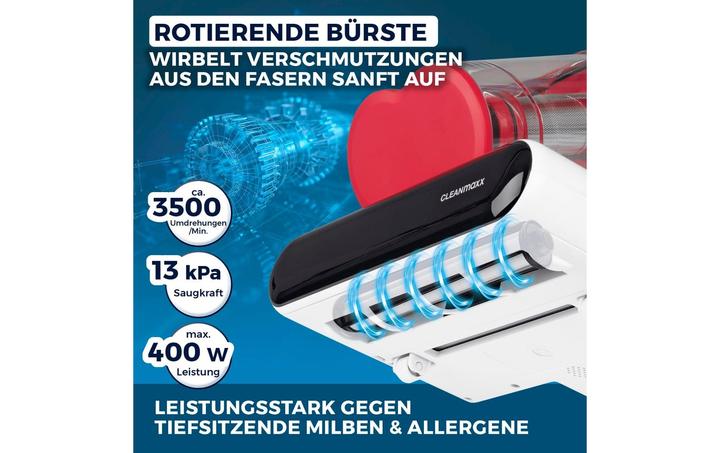 Produktbild CleanMaxx Milben-Handstaubsauger 400W, Weiss/Rot + CH-Stecker