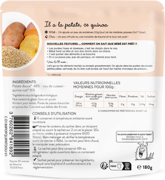 Valeurs nutritives et ingrédients Popote Babybrei Süsskartoffel-Quinoa BIO (180 g)