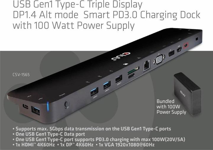 Immagine prodotto Club 3D Club3D ChargingDock USB-C ->5xUSB3/DP/HDMI/VGA/LAN (USB-C)