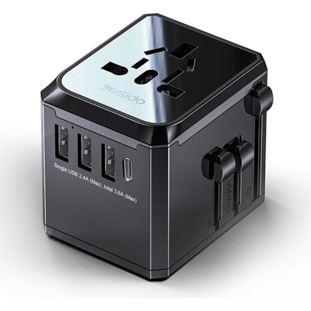 Yesido - Wall Charger (MC10) - 3x USB, Type-C, for Travel, EU, UK, US, AUS, 3.6A - Black, Caricatore USB, Nero