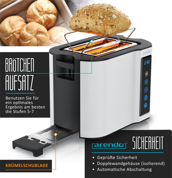 Produktbild Arendo Toaster Edelstahl 2 Scheiben Kurzschlitz, Touchpanel, Brötchenaufsatz, Display mit Restzeitanzeige