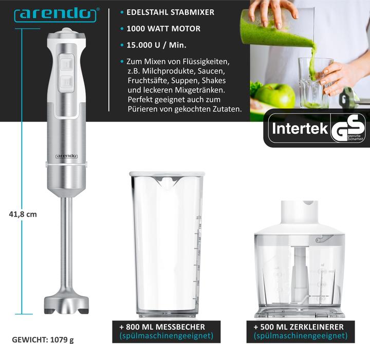 Actual product image Arendo Hand blender, stainless steel DC hand blender with chopper & measuring jug, four-bladed blade