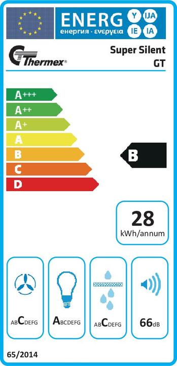 Energy Label Thermorex Thermex Super Silent GT range hood, white, 60 cm (Wall hood)