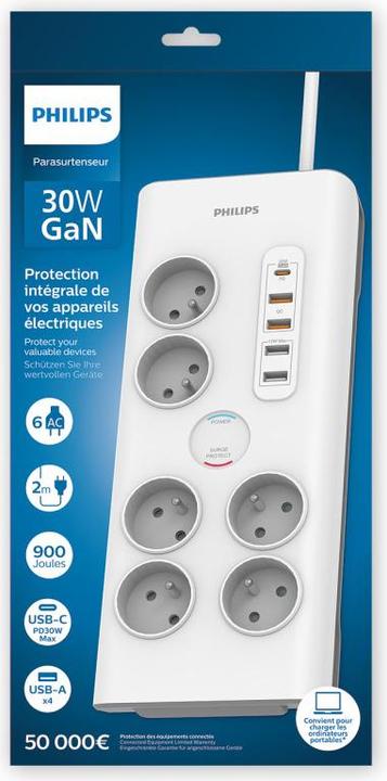 Image du produit MCL PHILIPS Rallonge multiprise parasurtenseur 6 prises chargeur Type-C et 4 USB-A 2m Blanc (6 x, 2 m)