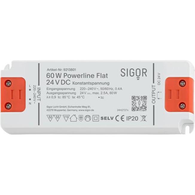 Sigor, Accessori per illuminazione, LED Netzteil POWERLINE FLAT 60W 24VDC 160x58x18mm 2,08A IP20