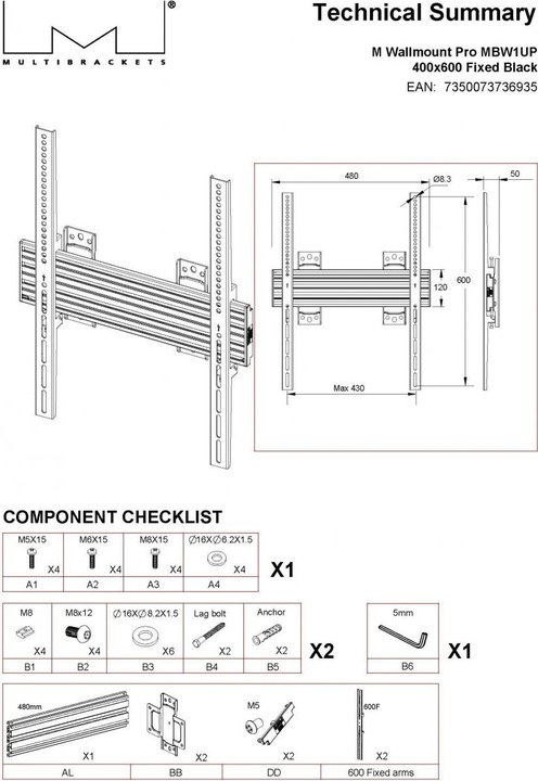 Actual product image Multibrackets Wall mount, 40"-100", VESA 100x100-400x600 (Wall, 100", 80 kg)