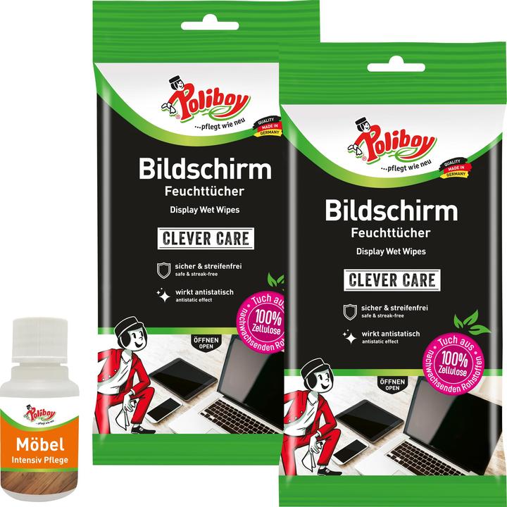 Poliboy Bildschirm Feuchttücher - 2x15 Tücher - inklusive Möbel Pflege Probe (30 x)