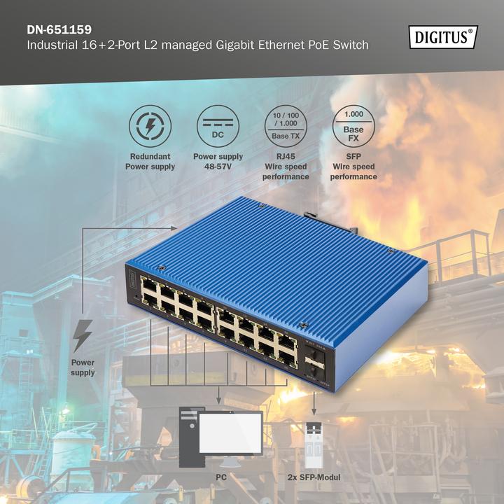 Image du produit Digitus Industrial 8+2-Port L2 managed Gigabit Ethernet PoE Switch (18 ports)