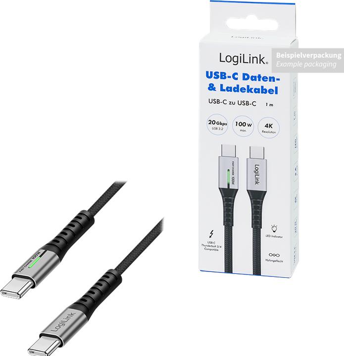Produktbild LogiLink USB 3.2 Gen2x2 Type-C-Kabel, C/M zu C/M, 20 Gbit/s, 100W, 4K, LED, Metall, schwarz, 0,5 m (0.50 m, USB 3.2 Gen 2x2, 100 W)