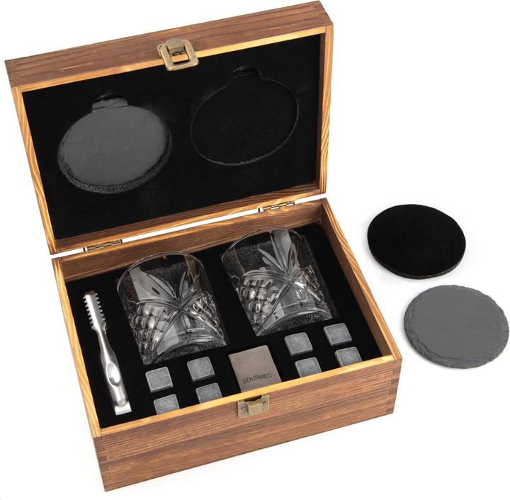 Produktbild Gourmeo 8 Whiskey Steine in Holzbox L, 2 Gläser (Whisky Steine)