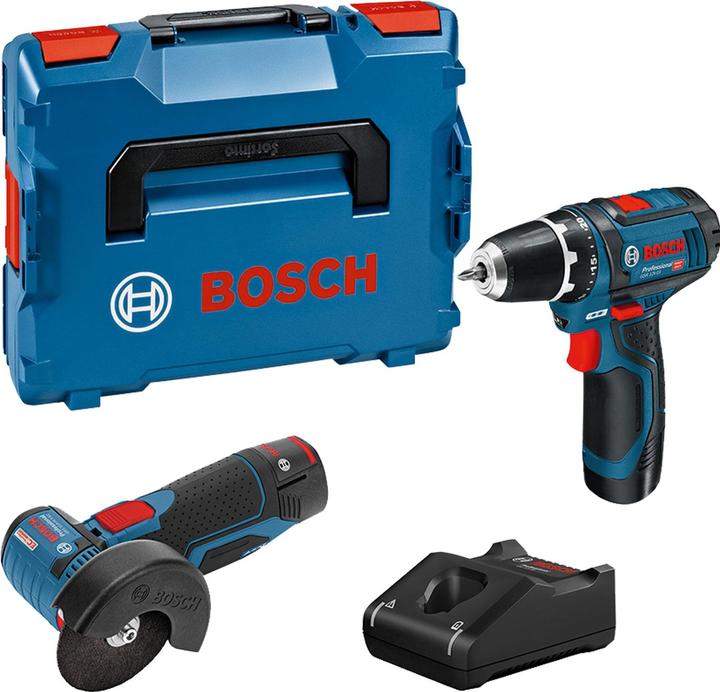 Bosch Professional Combo Kit Set mit 2 12V-Werkzeugen: GSR 12V-15/GWS 12V-76, 2x Akku GBA 12V 2.0Ah