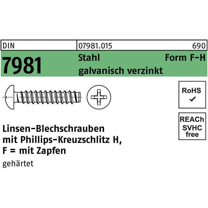 Schrauben, Blechschraube ISO 7049 LIKO m.Zapfen/Kreuzschlitz-PH F 6,3 x 13 -H Stahl gehärtet galvanisch verz... (250 Sch...