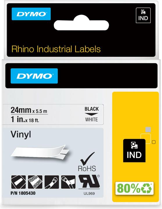 Produktbild Dymo Rhino 24mm schwarz auf weiß Vinyl (2.40 cm, Weiss)