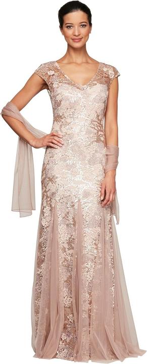 Alex Evenings Vestito Lungo Ricamato a Campana con Gonna a Godet e Scialle