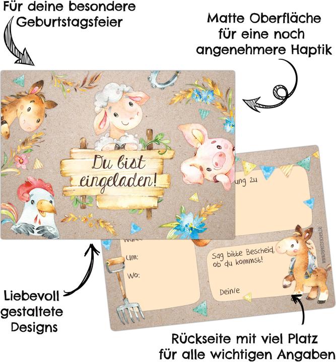 Produktbild Papierdrachen 12 Einladungskarten zum Geburtstag – Farm (12 Stk.)