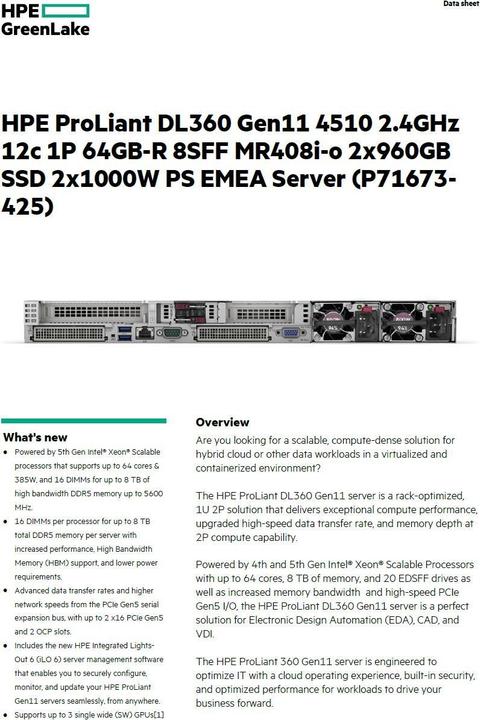 Immagine prodotto HPE ProLiant DL360 Gen11, 2,4 GHz, 4510, 64 GB, DDR5-SDRAM, 1,92 TB, Rack (1U) (Intel Xeon Silver 4510, 64 GB, Server Rack)