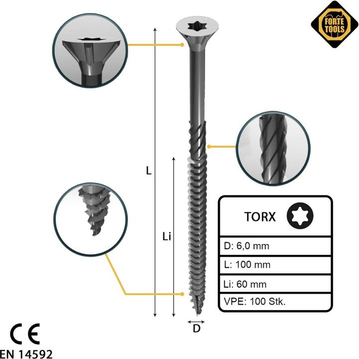 Actual product image Forte tools CHIPBOARD SCR T30 6.0X100/60 WHIT ZN(100 (100 Screws per piece)